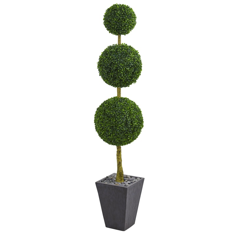 6’ Boxwood Triple Ball Topiary Artificial Tree In Slate Planter Uv Resistant (Indoor/Outdoor)