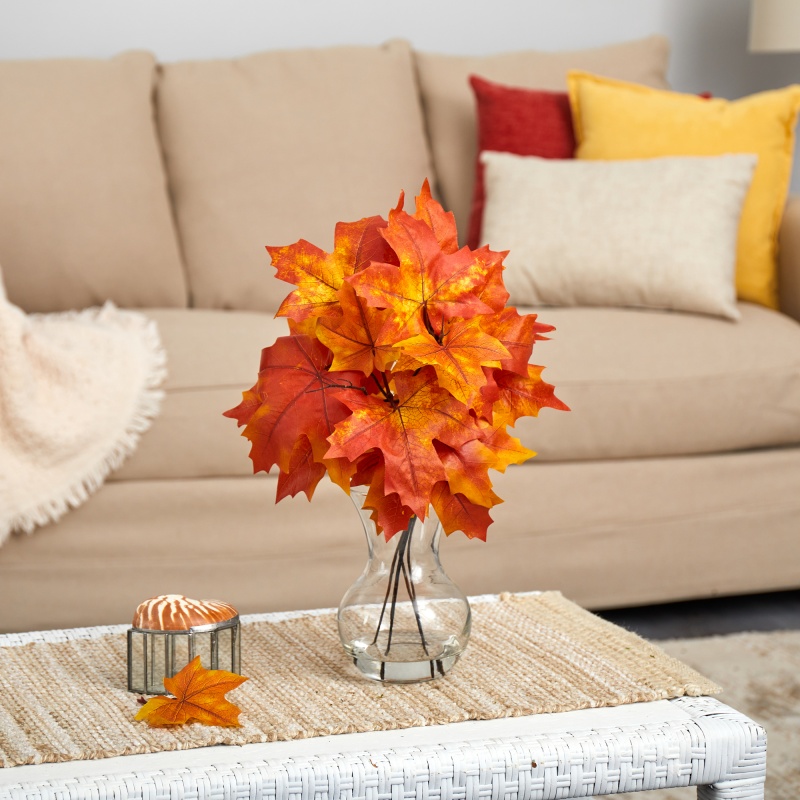 18” Autumn Maple Leaf Artificial Plant In Glass Planter