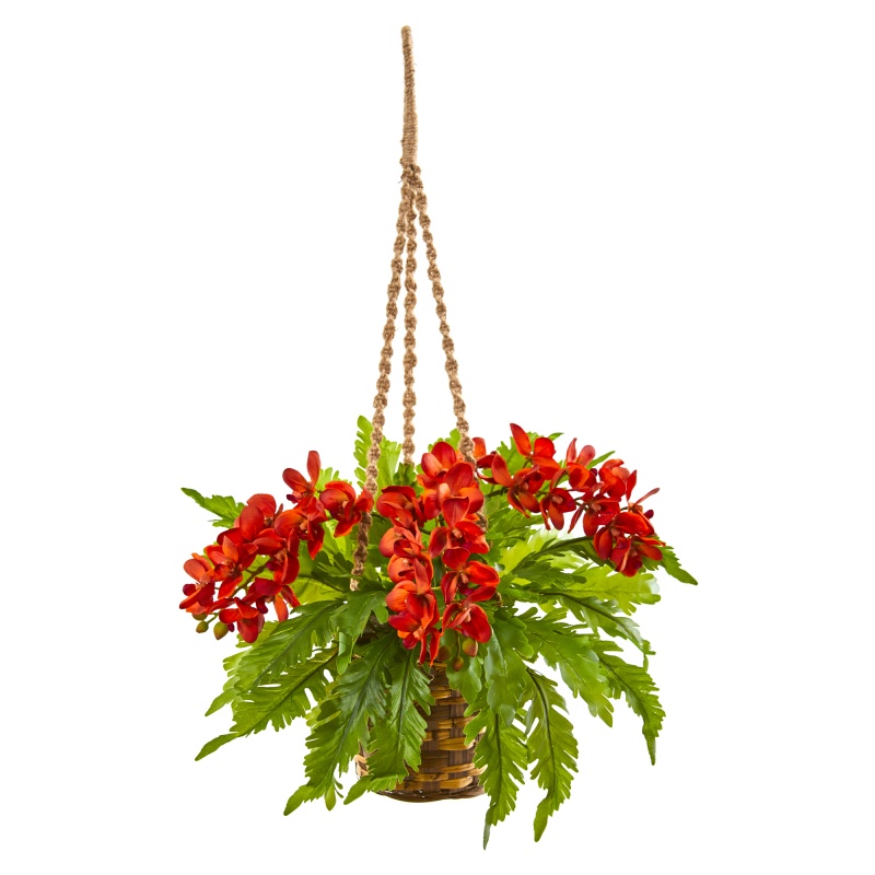 29” Phalaenopsis Orchid And Fern Artificial Plant In Hanging Basket