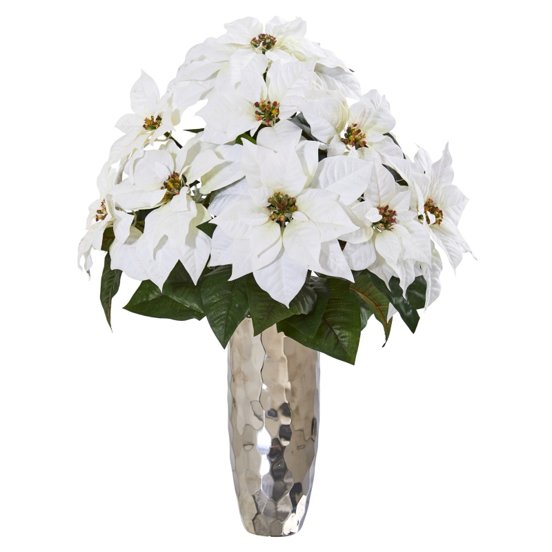 Poinsettia Artificial Arrangement In Silver Cylinder Vase