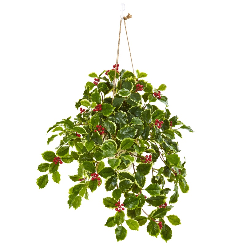 30” Variegated Holly Berry Artificial Plant in Hanging Vase