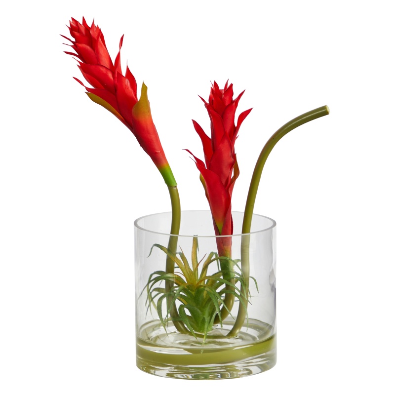 16” Star Bromeliad Artificial Arrangement In Glass Vase