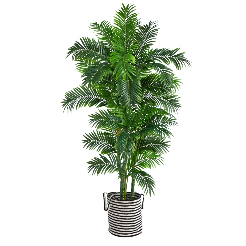 6’ Curvy Parlor Artificial Palm Tree In Handmade Black And White Natural Jute And Cotton Planter