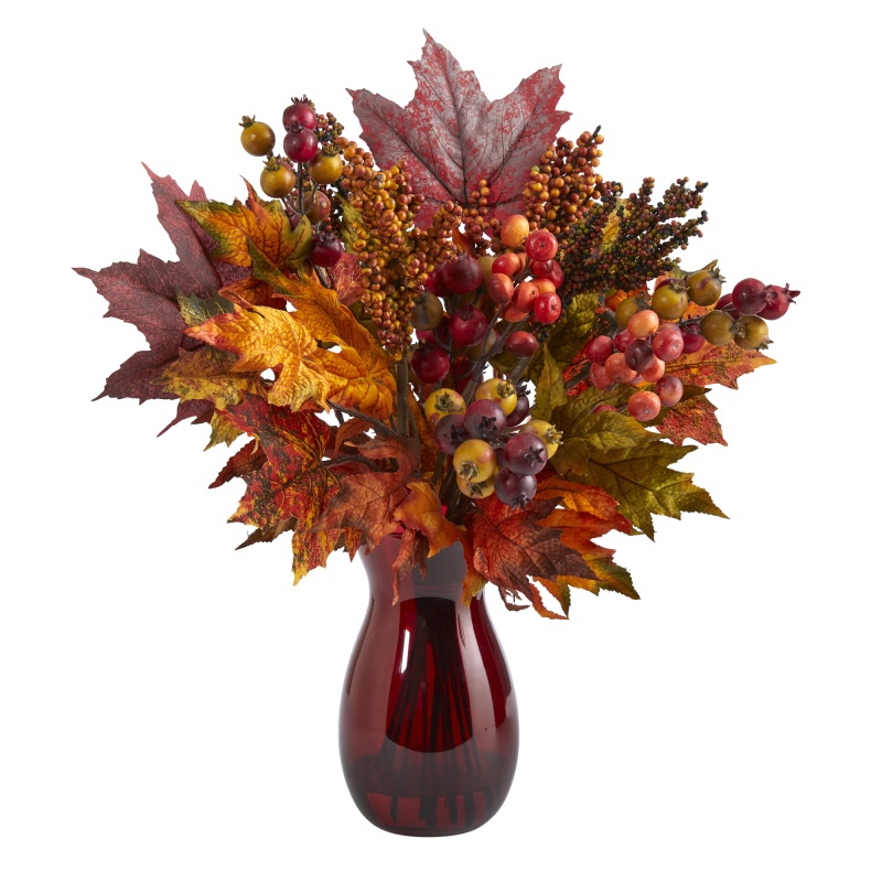 18” Maple Leaf and Berries Artificial Arrangement in Ruby Vase