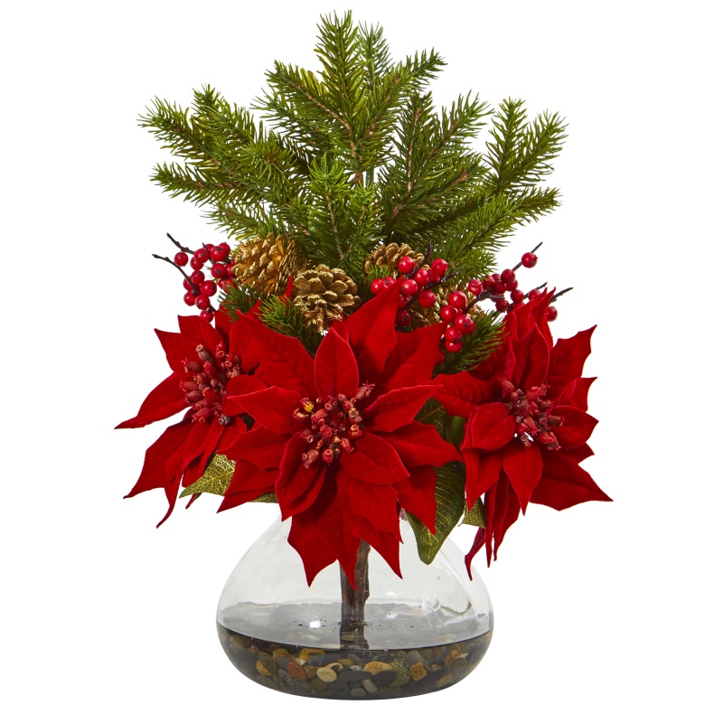 Poinsettia, Berry And Pine Artificial Arrangement In Vase