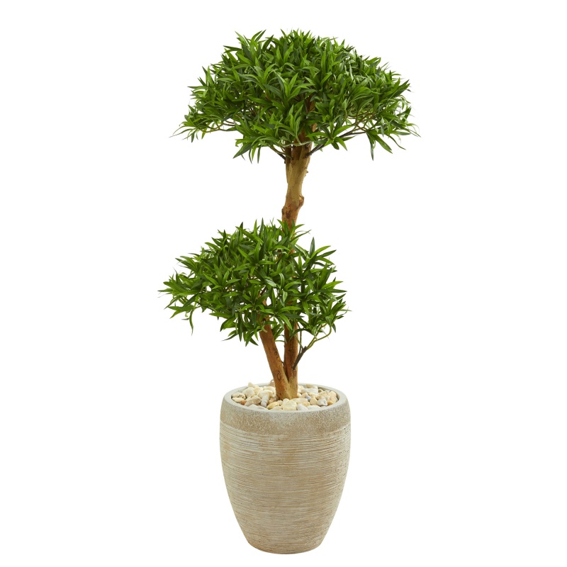 44” Bonsai Styled Podocarpus Artificial Tree In Sand Colored Planter