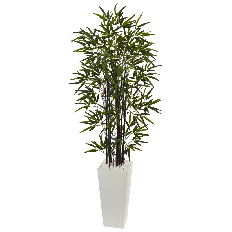5.5’ Black Bamboo Artificial Tree In White Tower Planter