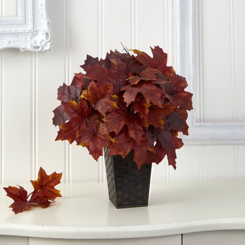 18” Autumn Maple Leaf Artificial Plant In Embossed Black Planter