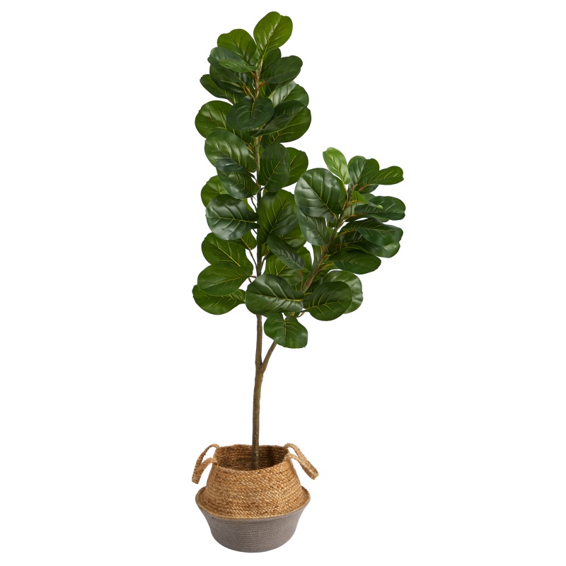 4.5’ Fiddle Leaf Fig Artificial Tree With Boho Chic Handmade Cotton And Jute White Woven Planter
