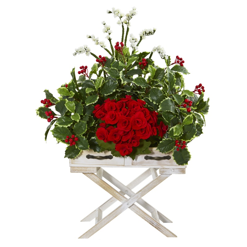 28” Begonia And Holly Leaf Artificial Arrangement In Drawer Planter