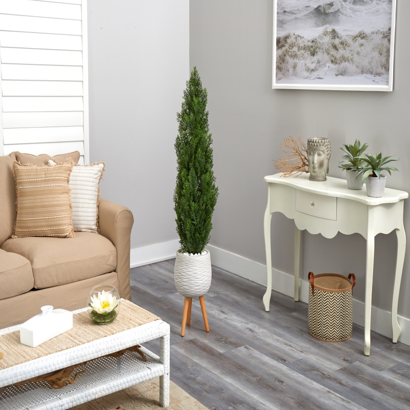 5' Cedar Artificial Tree In White Planter With Stand (Indoor/Outdoor)