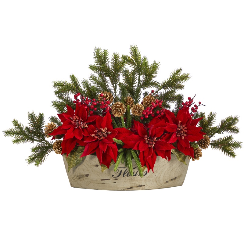 25” Poinsettia, Succulent And Pine Artificial Arrangement In Decorative Vase
