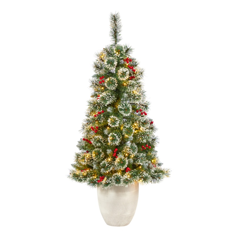 50” Frosted Swiss Pine Artificial Christmas Tree With 100 Clear Led Lights And Berries In White Planter