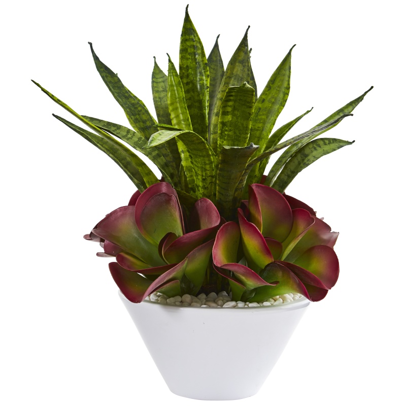 18” Sansevieria And Succulent Artificial Plant In White Bowl