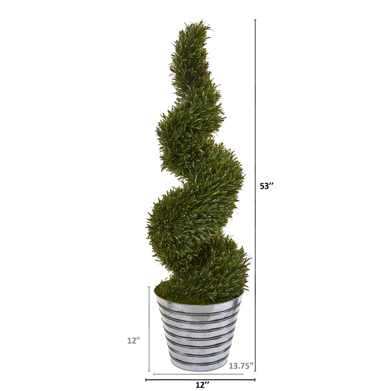 53” Rosemary Spiral Topiary Artificial Tree In Decorative Tin Bucket (Indoor/Outdoor)