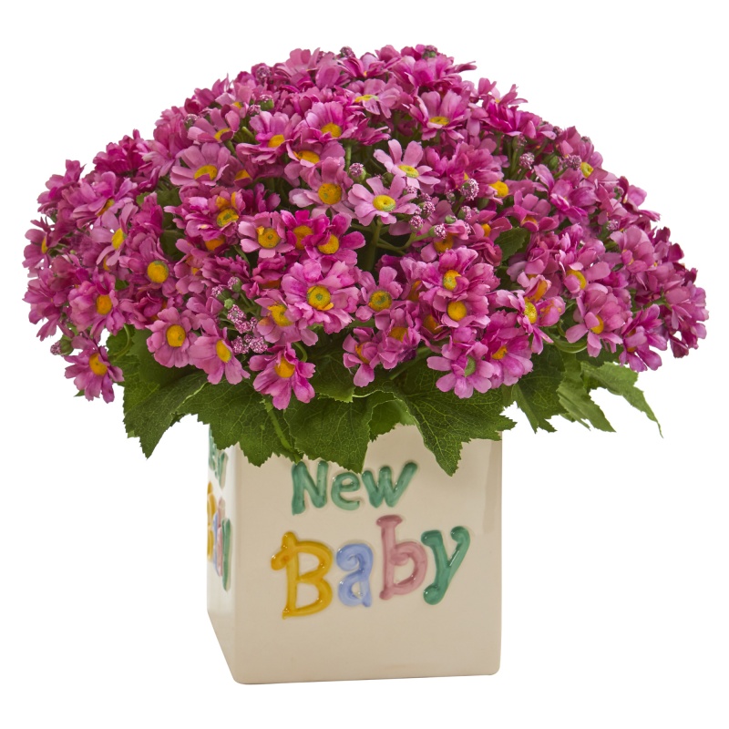 13” Daisy Artificial Arrangement In “New Baby” Vase
