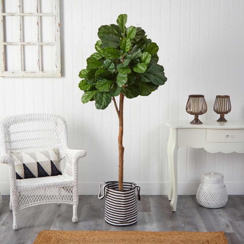 6’ Fiddle Leaf Fig Artificial Tree In Handmade Black And White Natural Jute And Cotton Planter