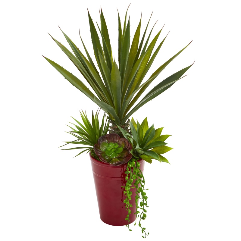 Spiky Agave & Succulent Artificial Plant In Red Planter