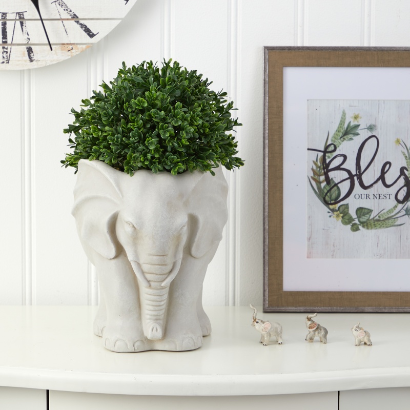 16” Boxwood Topiary Artificial Plant in Elephant Shaped Planter