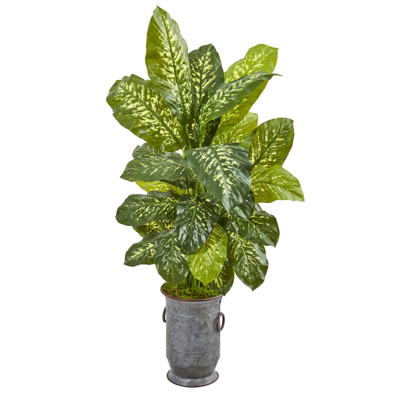 49” Dieffenbachia Artificial Plant In Vintage Metal Planter (Real Touch)