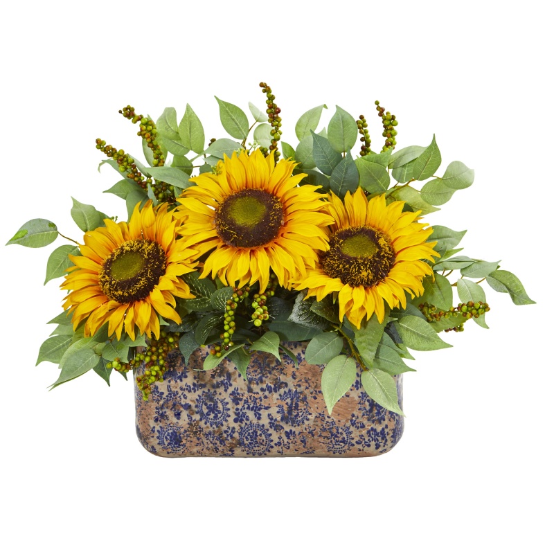 Sunflower And Mixed Greens Artificial Arrangement In Vase