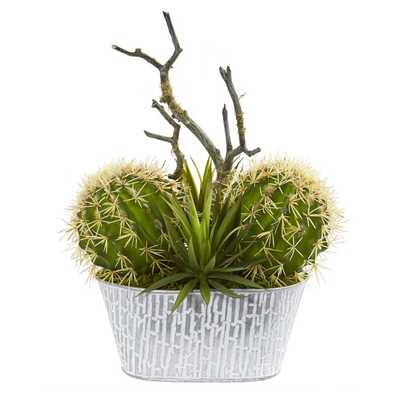14” Cactus And Agave Succulent Artificial Plant In White Tin Planter