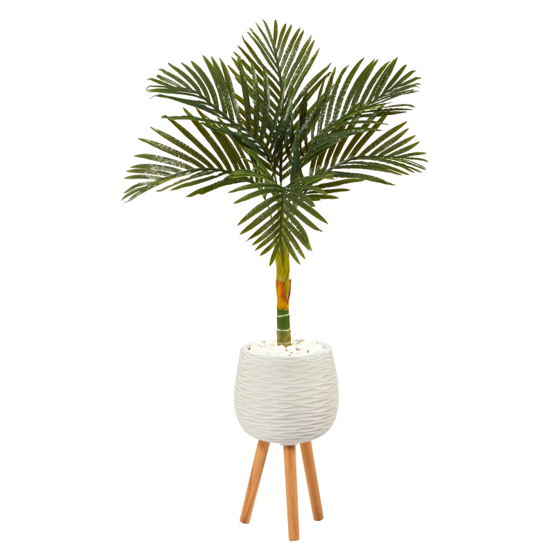 4.5’ Golden Cane Artificial Palm Tree In White Planter With Stand