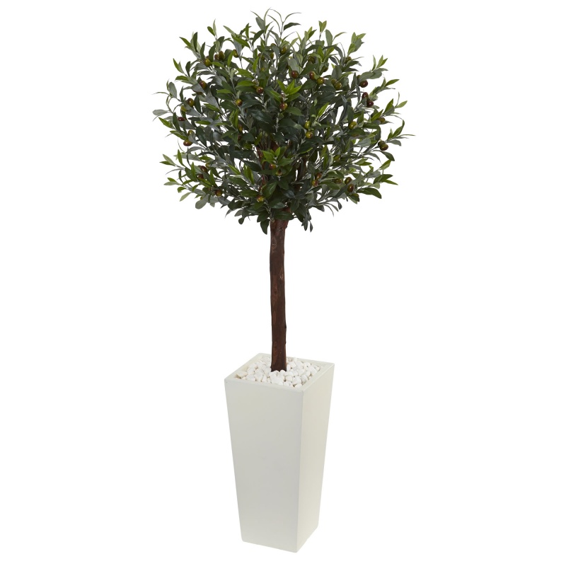 5’ Olive Topiary Artificial Tree In White Tower Planter