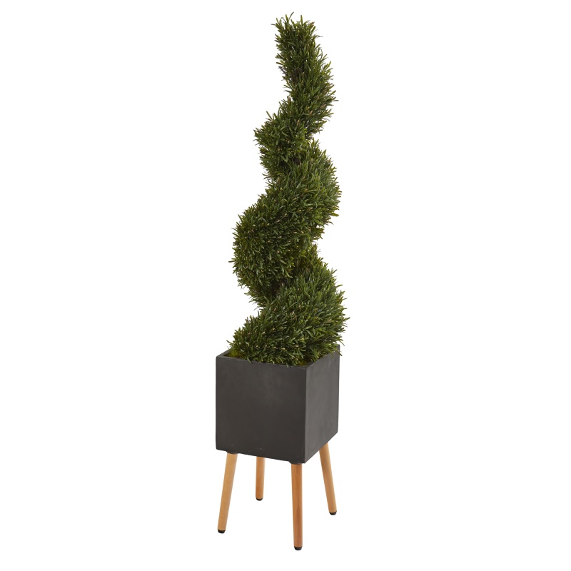 64” Rosemary Spiral Topiary Artificial Tree In Black Planter With Stand (Indoor/Outdoor)