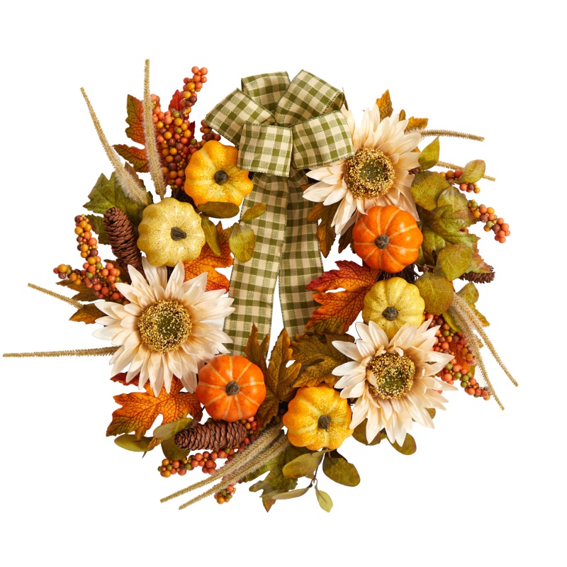 24” Fall Pumpkin, Sunflower Artificial Autumn Wreath With Decorative Ribbon