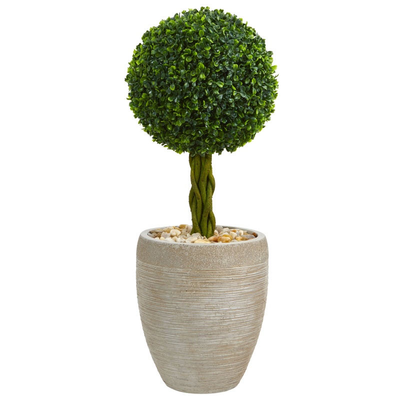 2.5’ Boxwood Ball Topiary Artificial Tree In Sand Colored Planter Uv Resistant (Indoor/Outdoor)