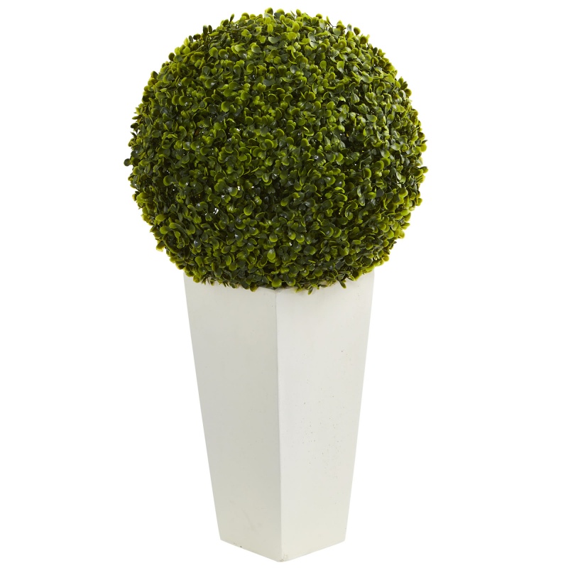 28” Boxwood Topiary Ball Artificial Plant In White Tower Planter (Indoor/Outdoor)