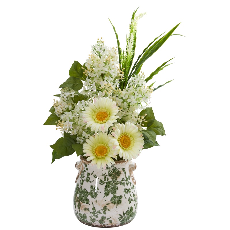 21” Gerber Daisy, Lilac And Grass Artificial Arrangement In Floral Vase