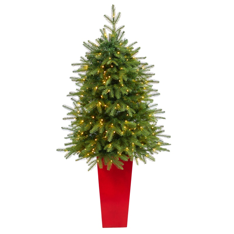 57” Vancouver Fir “Natural Look” Artificial Christmas Tree With 250 Clear Led Lights And 814 Bendable Branches In Red Tower Planter