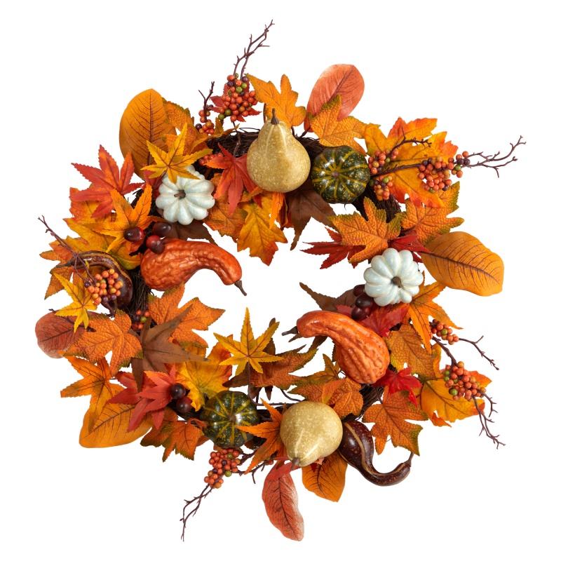 24” Autumn Pumpkin, Gourd And Berries In Assorted Colors Artificial Fall Wreath