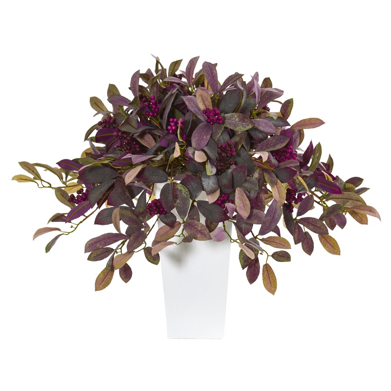 23” Fall Laurel Leaf With Berries Artificial Plant In White Planter