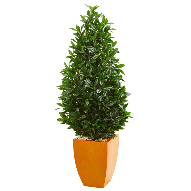 57” Bay Leaf Artificial Topiary Tree In Orange Planter Uv Resistant (Indoor/Outdoor)