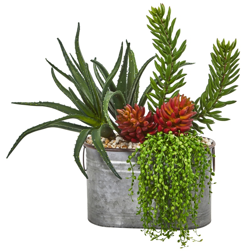 22" Mixed Succulent Garden Artificial Plant In Metal Planter