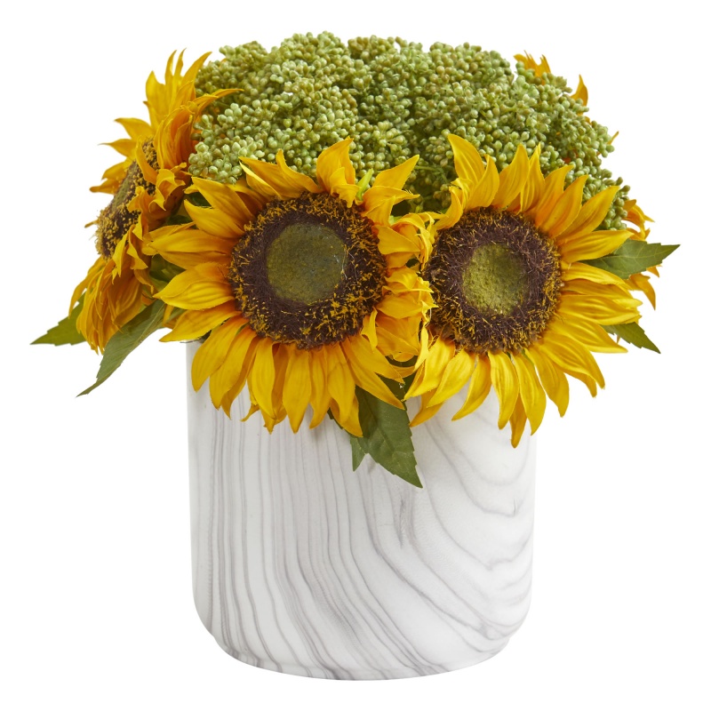 Sunflower Artificial Arrangement In Marble Finished Vase