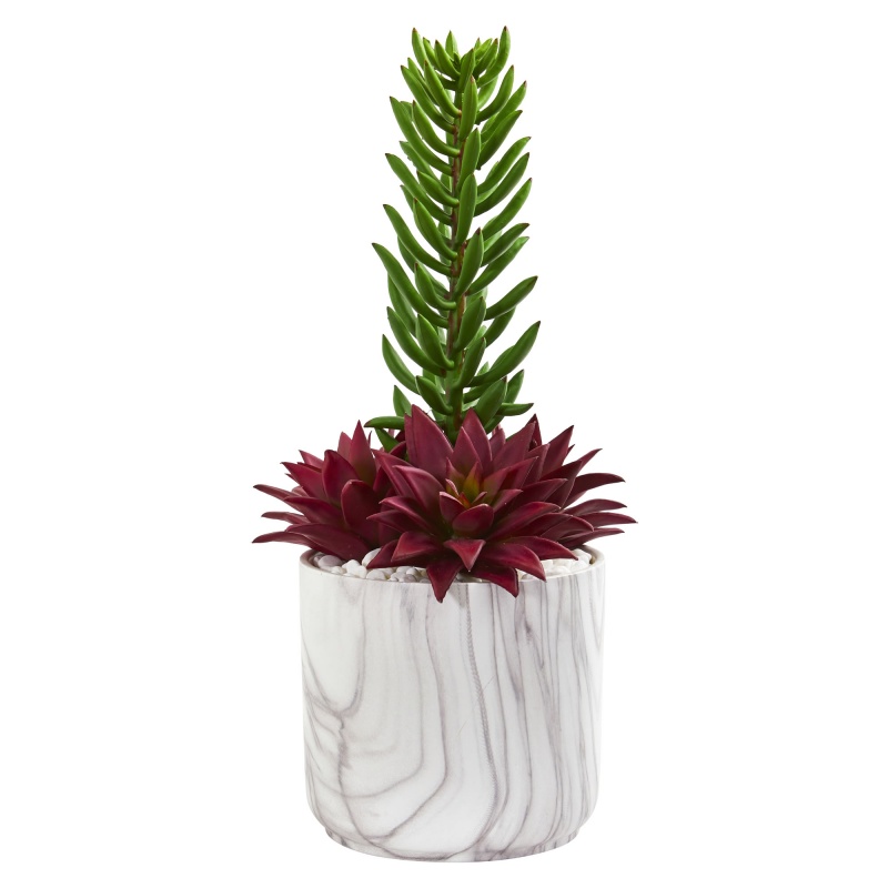 17” Succulent Artificial Plant In Marble Vase