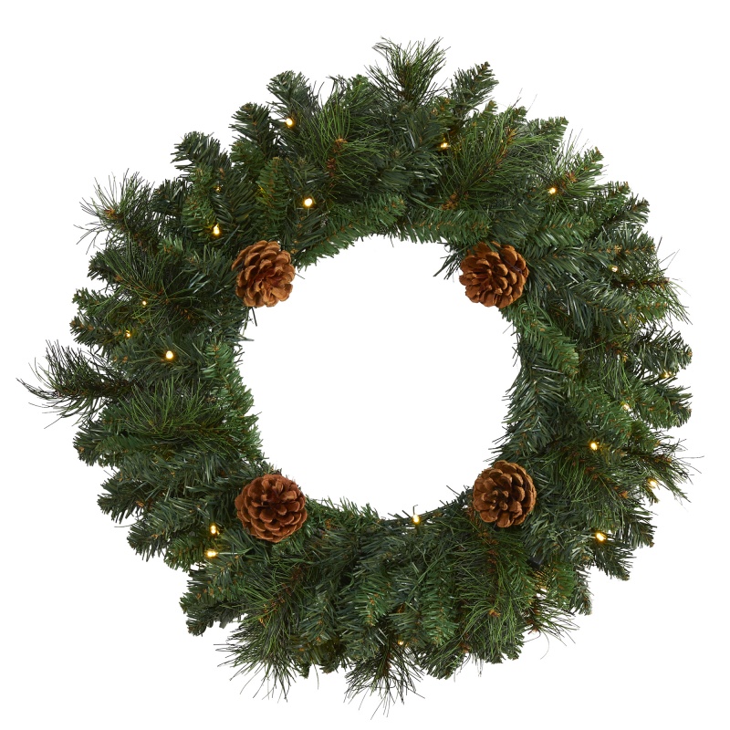 20” Pine Artificial Christmas Wreath With 35 Led Lights And Pinecones