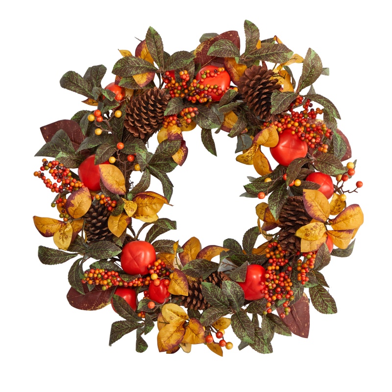 26” Autumn Persimmon And Pinecones Artificial Fall Wreath