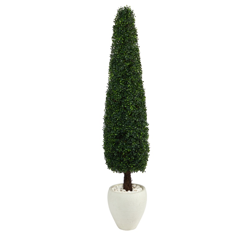63” Boxwood Topiary Artificial Tree In White Planter Uv Resistant (Indoor/Outdoor)