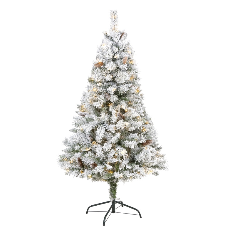 5' Flocked White River Mountain Pine Artificial Christmas Tree With Pinecones And 150 Clear Led Lights