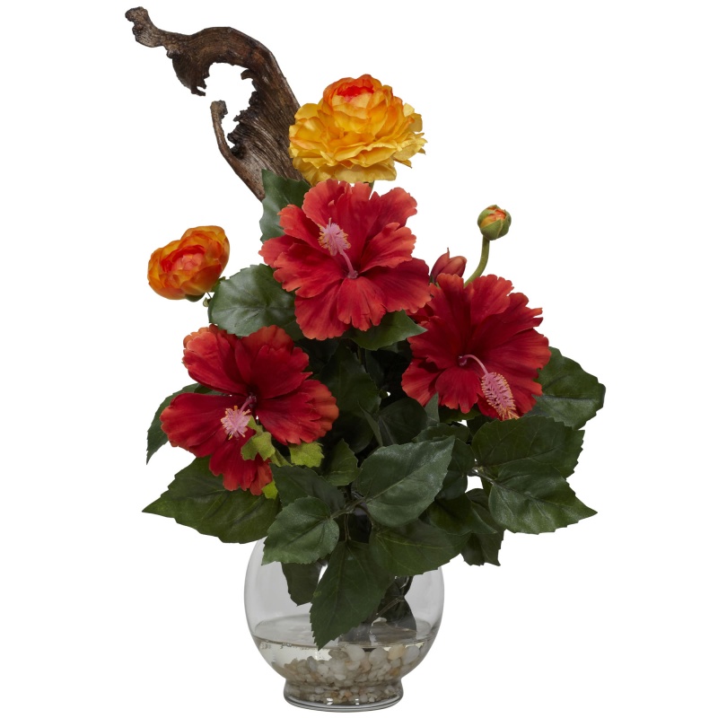 Hibiscus & Ranunculus W/Fluted Bowl Silk Flower Arrangement