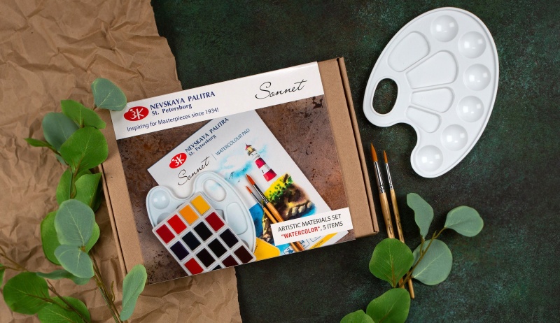 Watercolor Paint Gift Kit Set Sonnet® 16 Colors 2.5Ml Full Pan Palette Pad Paper Brush St.Petersburg Russia