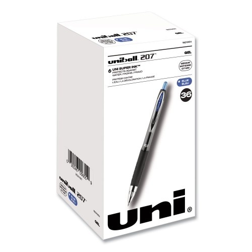 Uni-Ball Signo 207 Gel Pen, Retractable, Medium 0.7 Mm, Blue Ink, Black Barrel, 36/Box