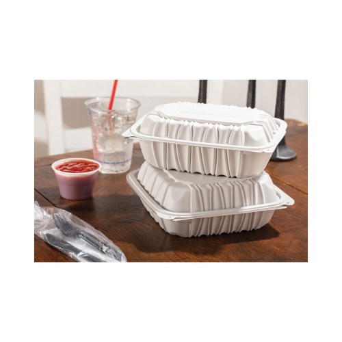 Pactiv Earthchoice Vented Microwavable Mfpp Hinged Lid Container, 9 X 6 X 2.75, White, Plastic, 170/Carton
