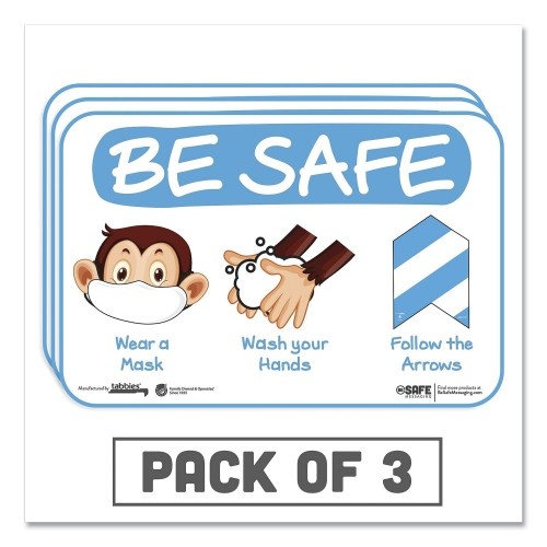 Tabbies Besafe Messaging Education Wall Signs, 9 X 6, "Be Safe, Wear A Mask, Wash Your Hands, Follow The Arrows", Monkey, 3/Pack