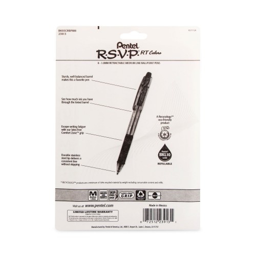 Pentel R.S.V.P. Rt Ballpoint Pen, Retractable, Medium 1 Mm, Assorted Ink Colors, Clear Barrel, 8/Pack